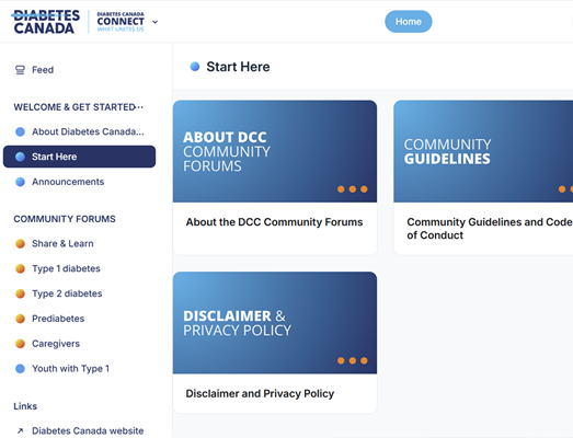 Webpage from Diabetes Canada Connect showing a 'Start Here' section with cards linking to community info and guidelines.