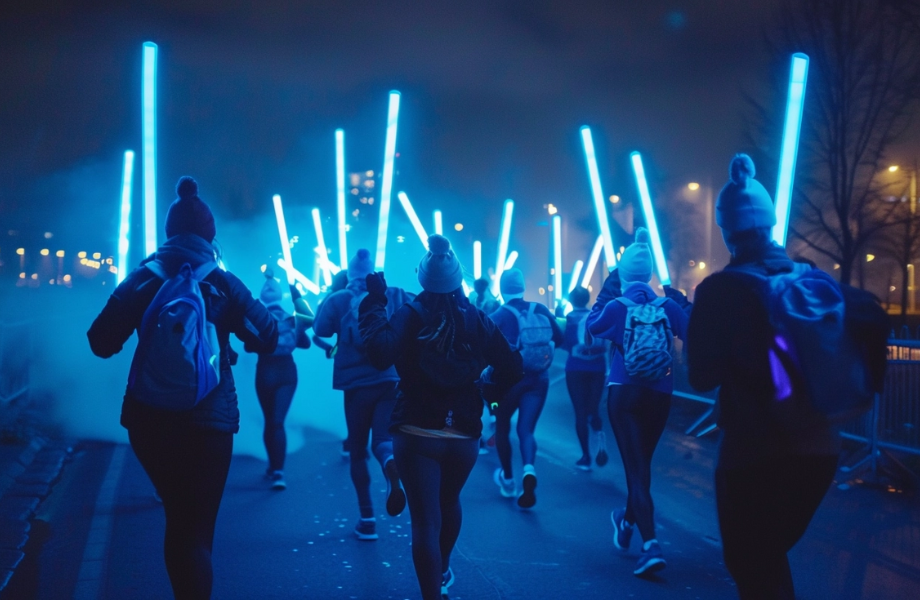 a group of people walking in a street with bright lights
