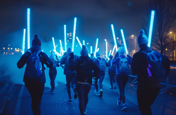 a group of people walking in a street with bright lights