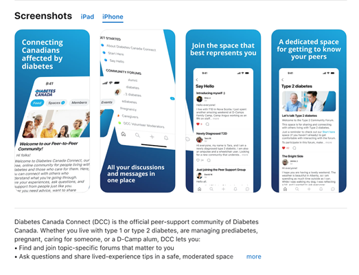 Four screenshots of the Diabetes Canada Connect app showcasing its peer-support features and forums.