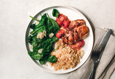 Garam masala chicken with ginger rice and garlic spinach recipe